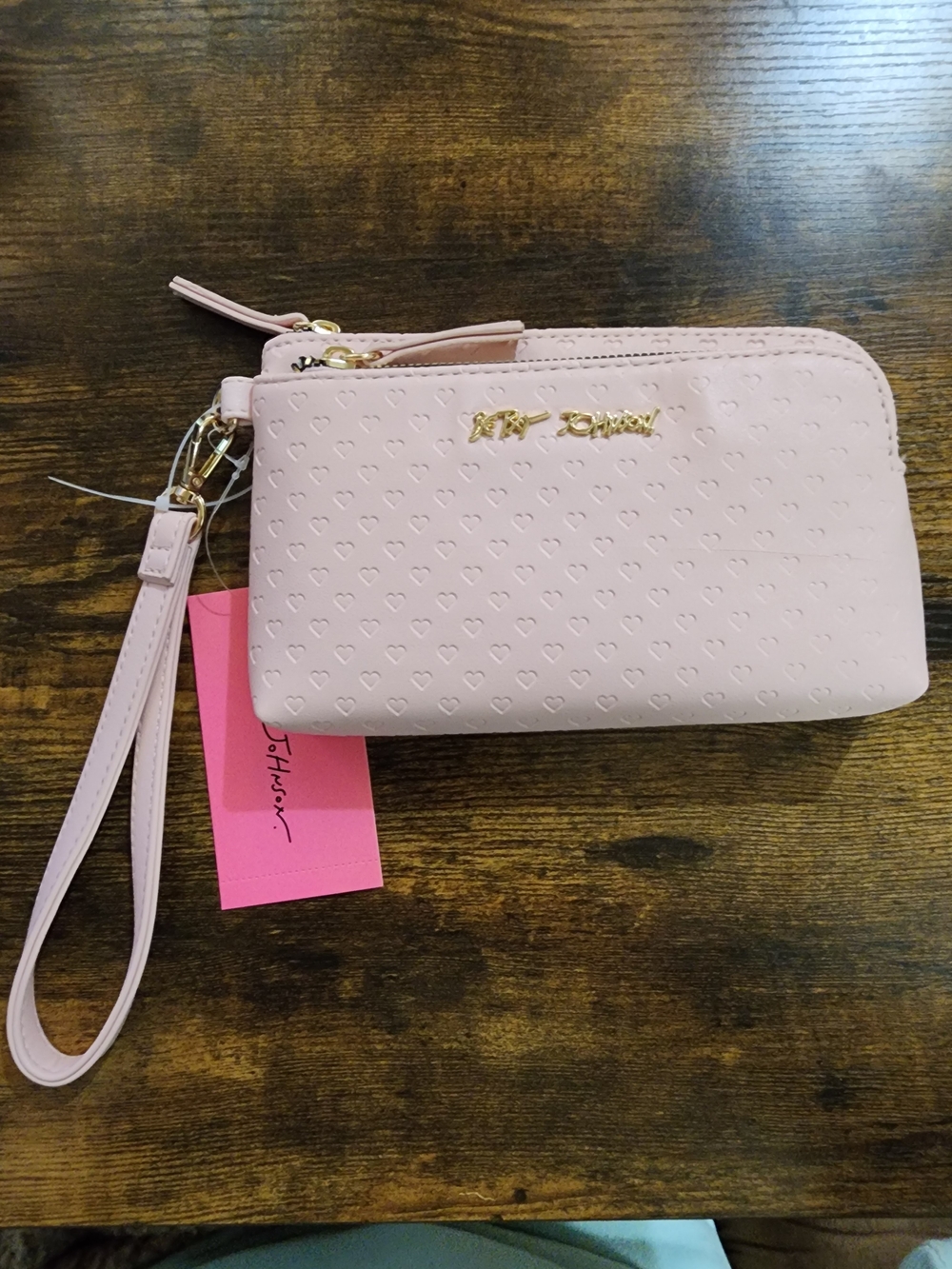 BETSY JOHNSON blush Pink Double Zip Wallet Wristlet With Hearts NWT